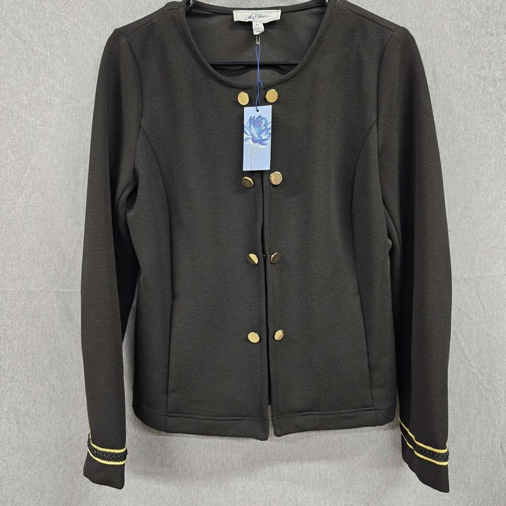 Libby Edelman Military Jacket Womens Black Gold Buttons Ribbed Ottoman NWT M